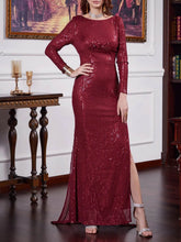 Robe longue de cocktail dos nu à manches longues et coupe ajustée avec fente